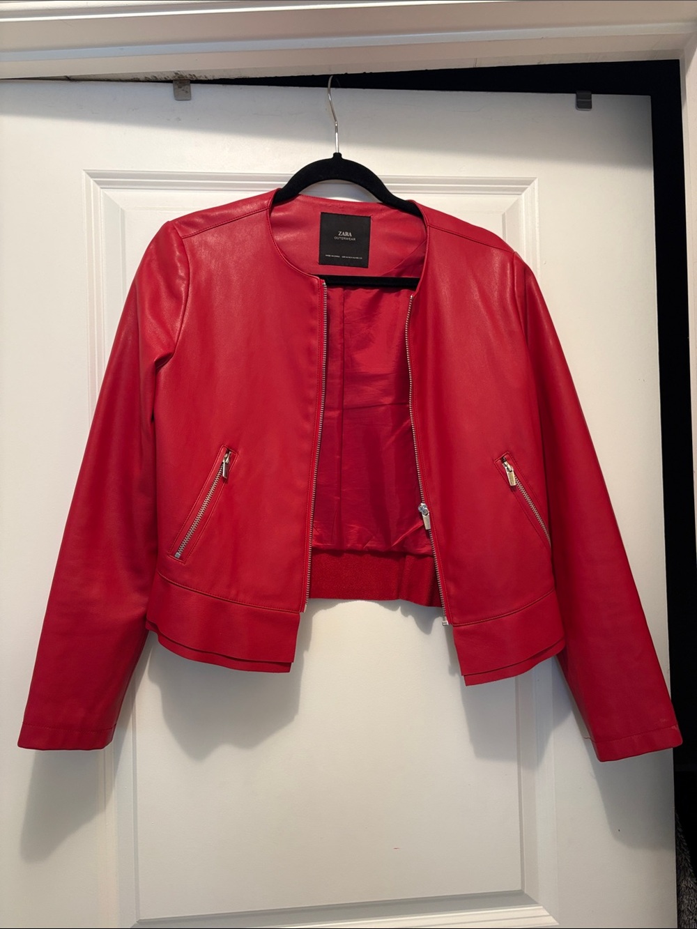 Zara Red Collarless Faux Leather Cropped Jacket with Ruffle Trim in Back